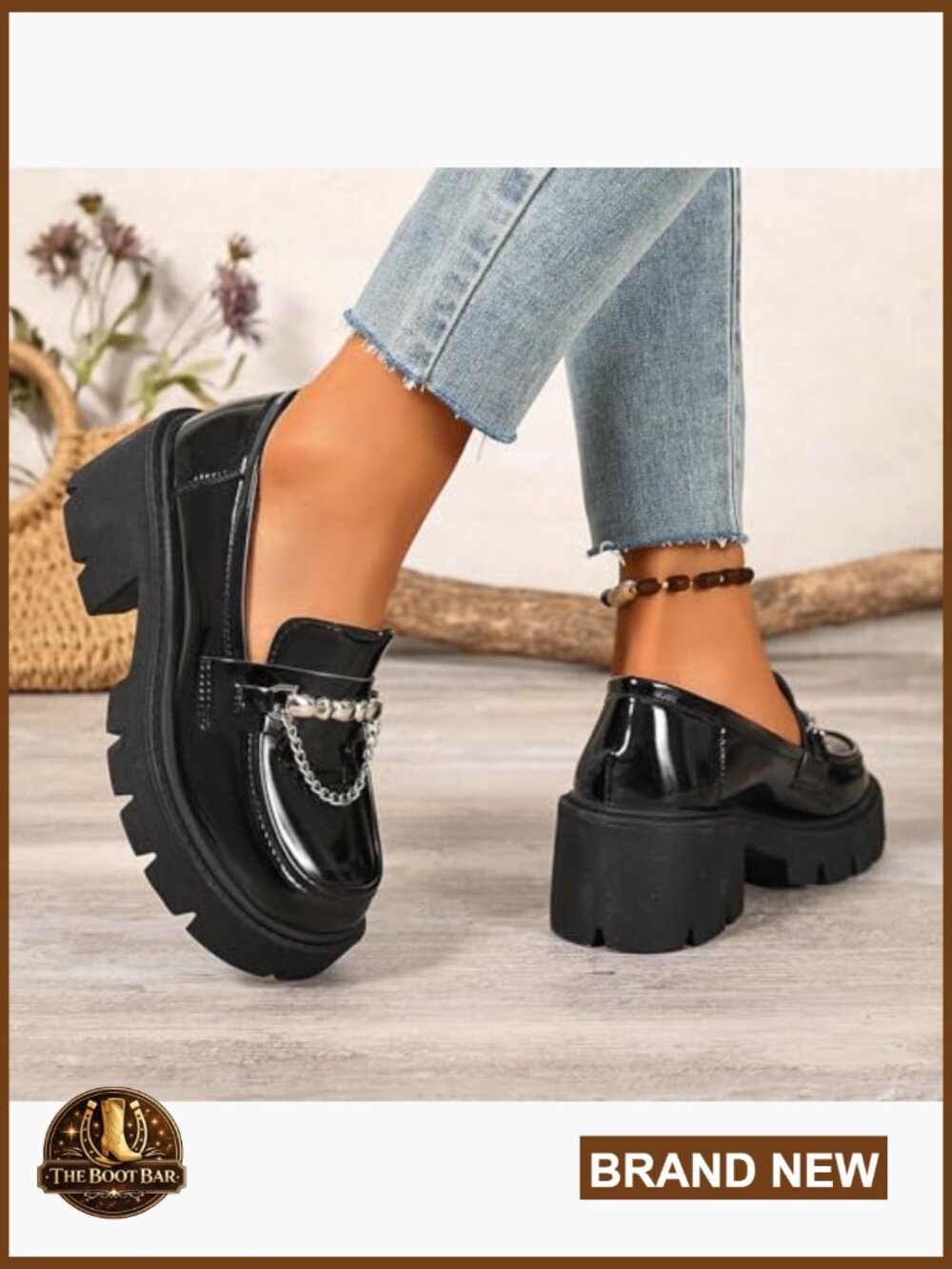 Chunky Heel Platform Loafers with Chain Detail Slip-On Lug Sole Dress Shoes - Picture 3 of 7